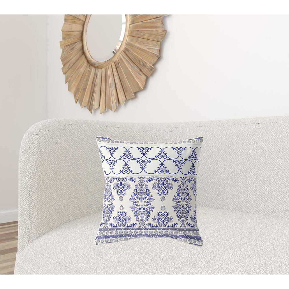 20" X 20" Off White And Blue Zippered Damask Indoor Outdoor Throw Pillow. Picture 2