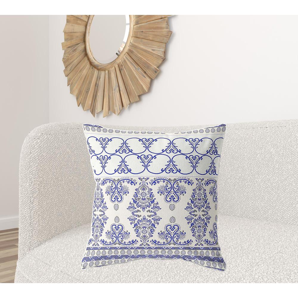 26" X 26" Off White And Blue Zippered Damask Indoor Outdoor Throw Pillow. Picture 2