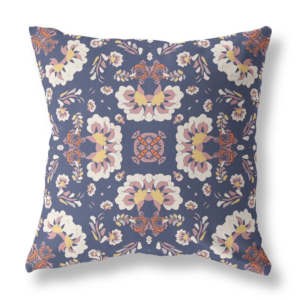 16" Blue White Floral Indoor Outdoor Zip Throw Pillow. Picture 1