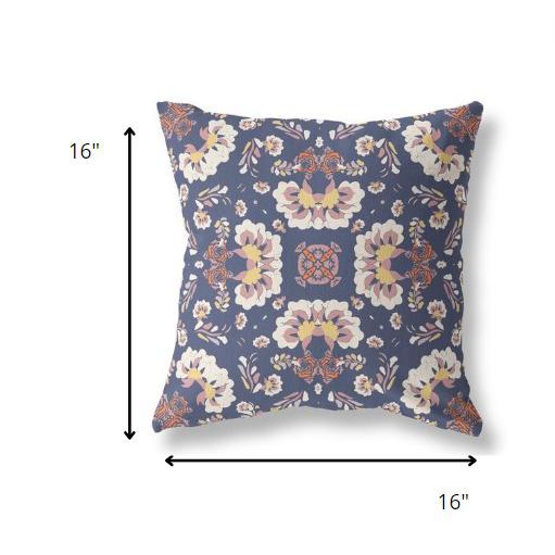 16" Blue White Floral Indoor Outdoor Zip Throw Pillow. Picture 5
