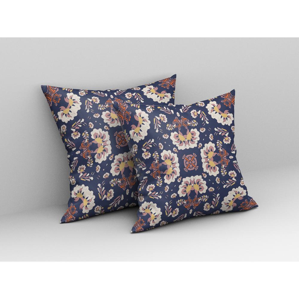 18" Blue White Floral Indoor Outdoor Zip Throw Pillow. Picture 3