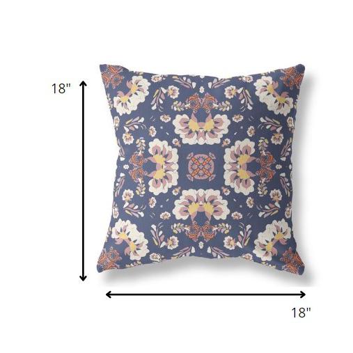 18" Blue White Floral Indoor Outdoor Zip Throw Pillow. Picture 5