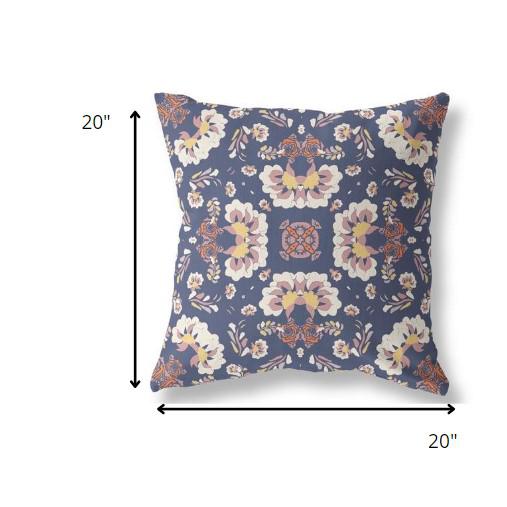20" Blue White Floral Indoor Outdoor Zip Throw Pillow. Picture 5