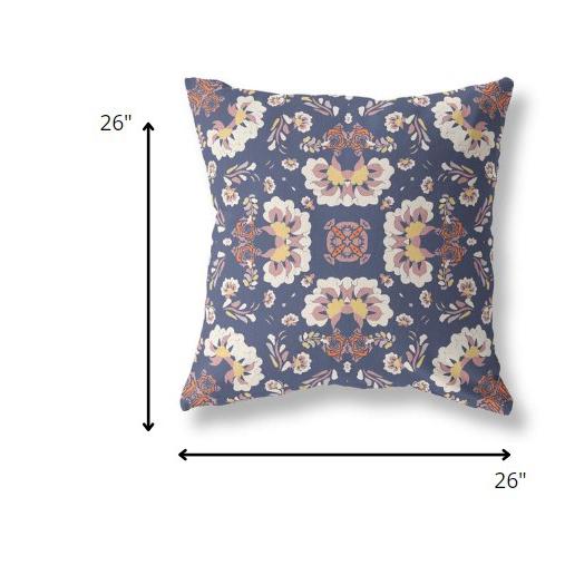 26" Blue White Floral Indoor Outdoor Zip Throw Pillow. Picture 5