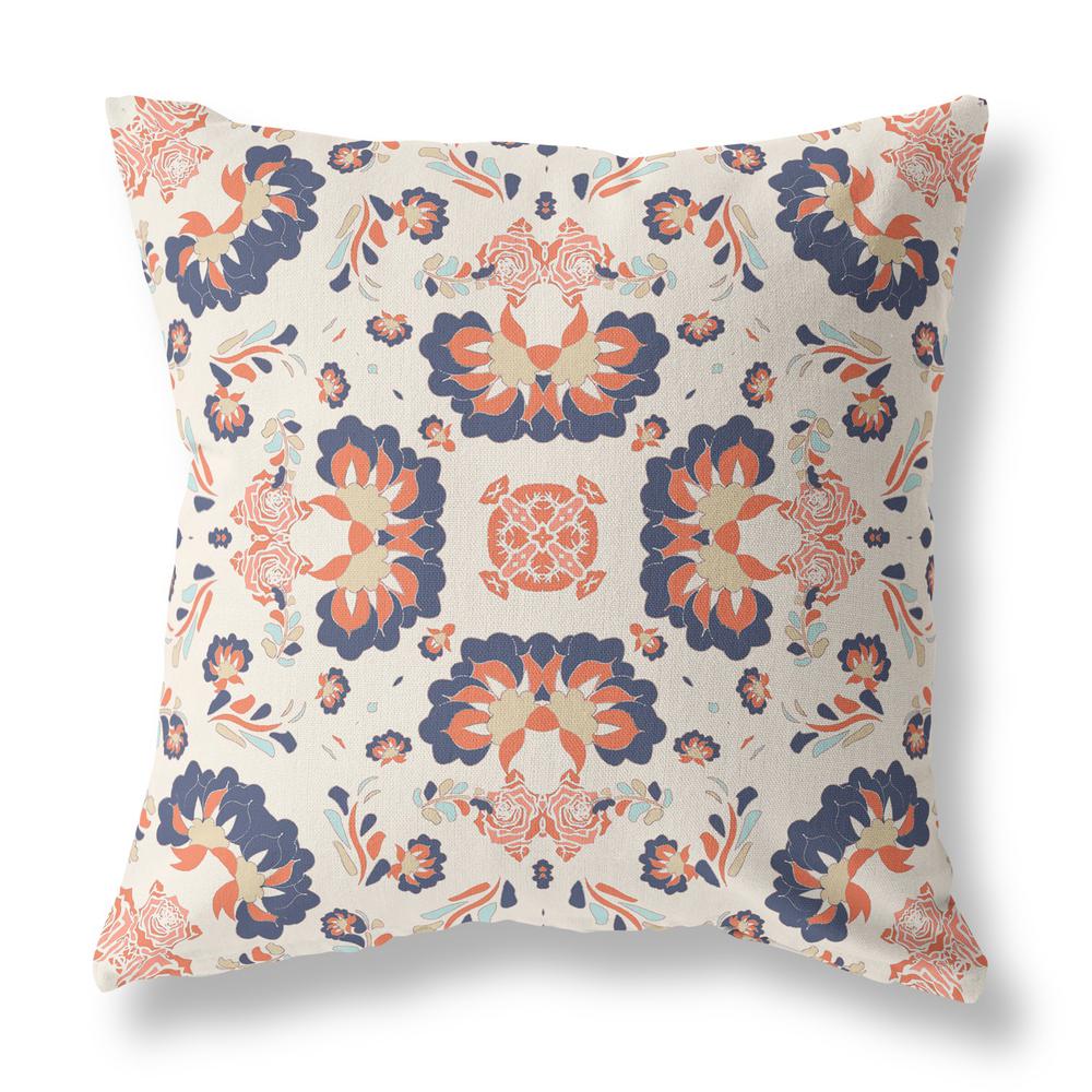 16" X 16" Off White And Blue Zippered Floral Indoor Outdoor Throw Pillow. Picture 3
