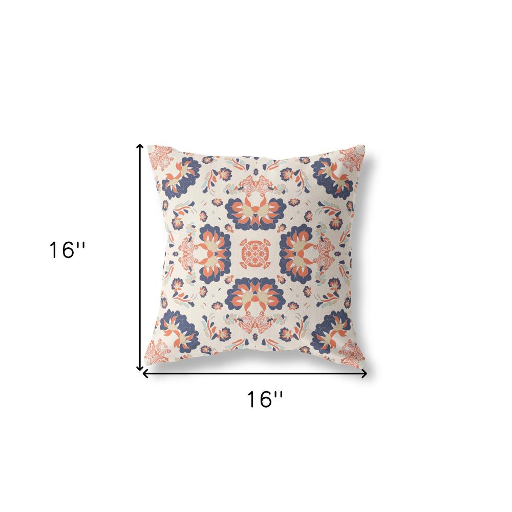 16" X 16" Off White And Blue Zippered Floral Indoor Outdoor Throw Pillow. Picture 6