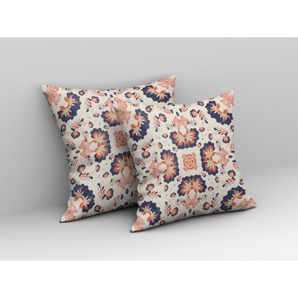 18"x18" Off White Navy and Orange Zip Broadcloth Floral Throw Pillow. Picture 4