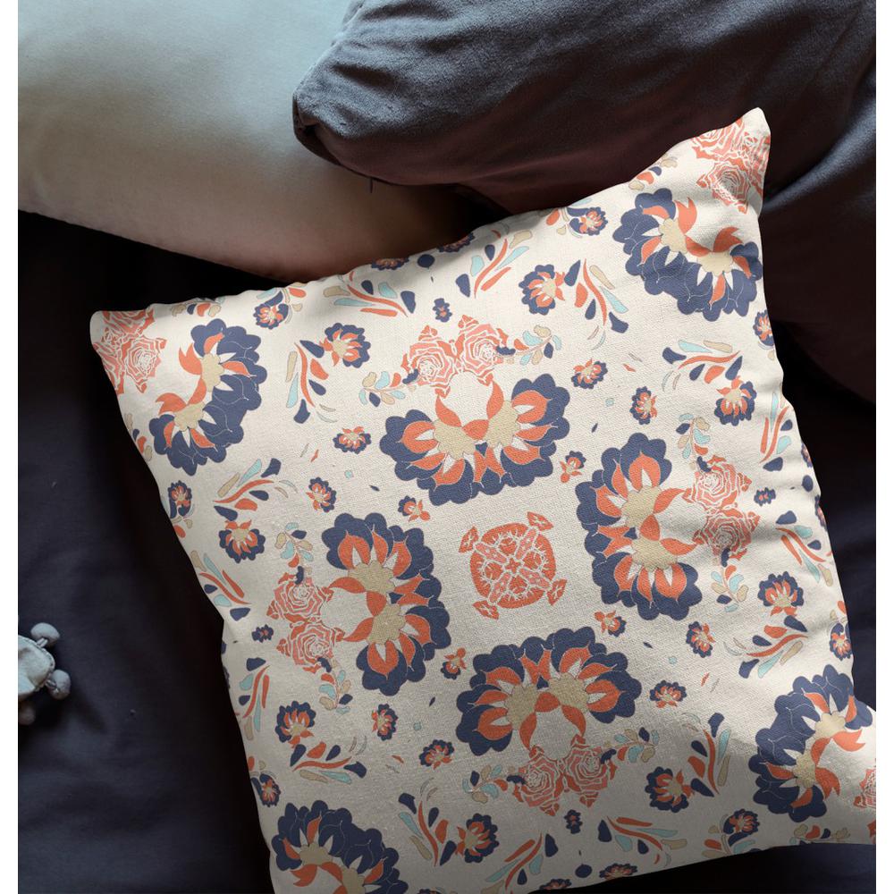 18"x18" Off White Navy and Orange Zip Broadcloth Floral Throw Pillow. Picture 5