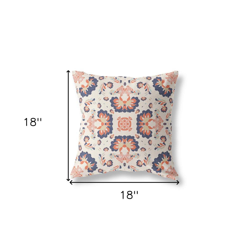 18"x18" Off White Navy and Orange Zip Broadcloth Floral Throw Pillow. Picture 6