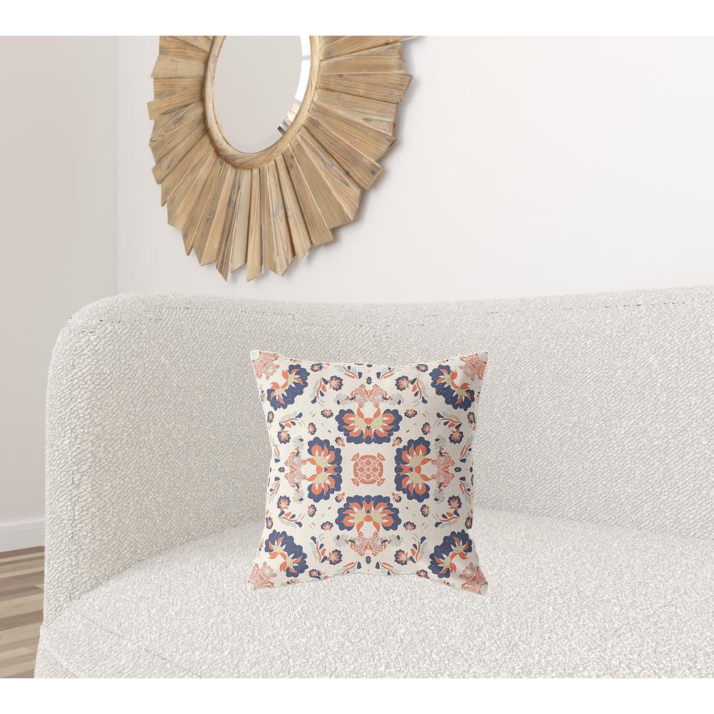 18"x18" Off White Navy and Orange Zip Broadcloth Floral Throw Pillow. Picture 2