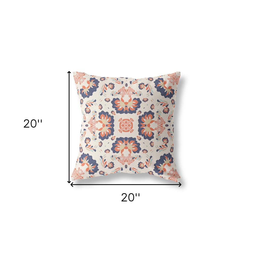 20" X 20" Off White And Blue Zippered Floral Indoor Outdoor Throw Pillow. Picture 6
