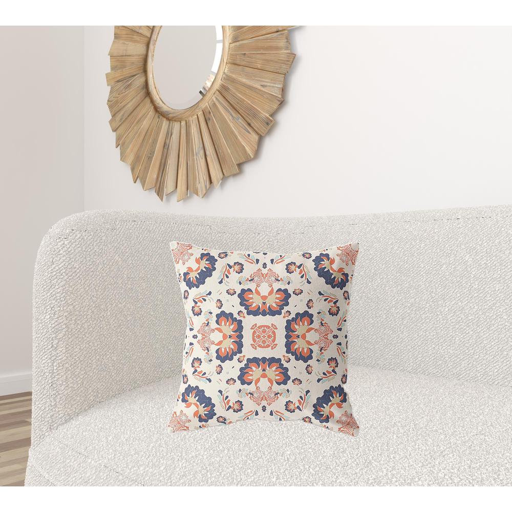 20" X 20" Off White And Blue Zippered Floral Indoor Outdoor Throw Pillow. Picture 2