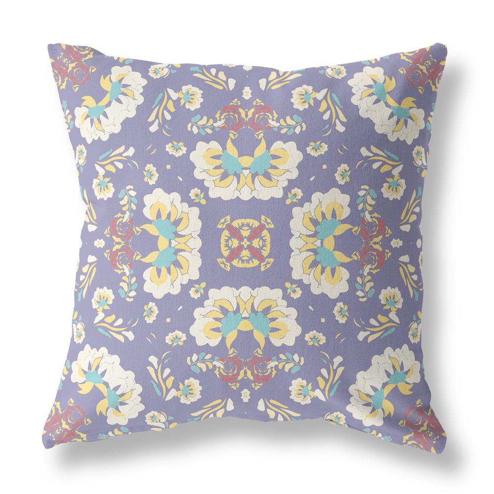 16" Purple White Floral Indoor Outdoor Zip Throw Pillow. Picture 1
