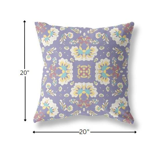 20" Purple White Floral Indoor Outdoor Zip Throw Pillow. Picture 5