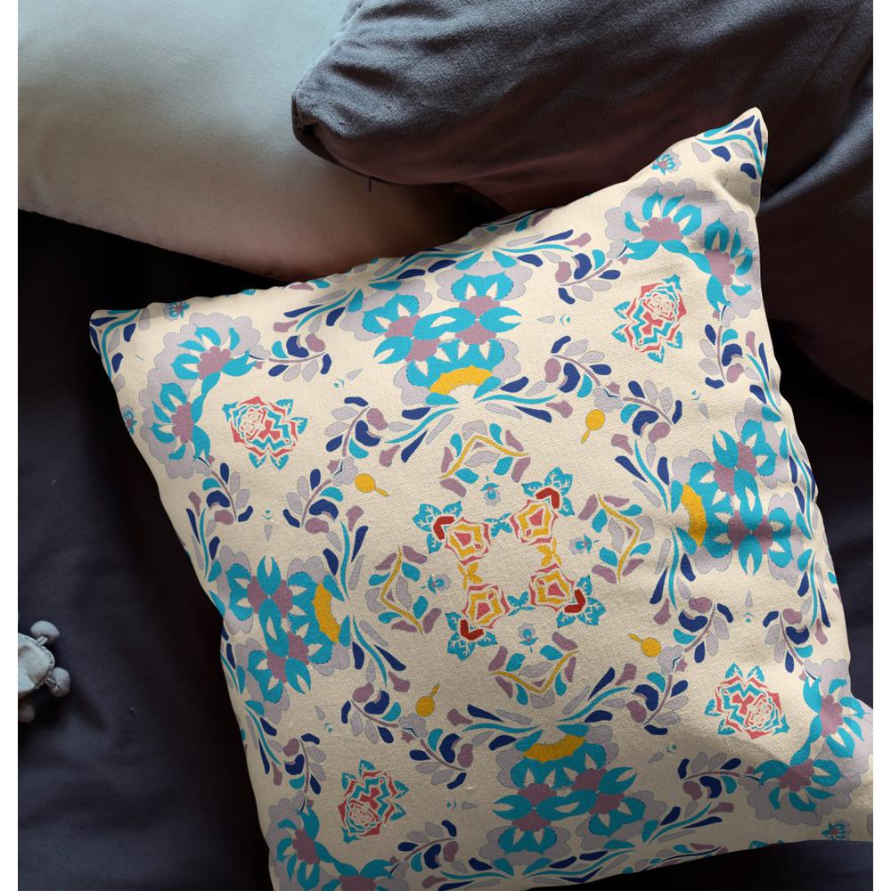 16" Blue White Filigree Indoor Outdoor Zip Throw Pillow. Picture 4