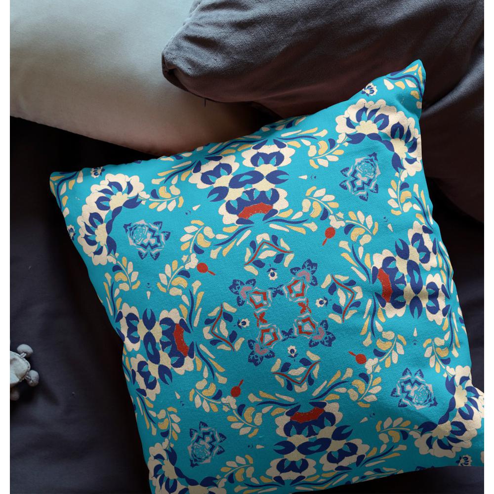 16" Cyan Blue Filigree Indoor Outdoor Zip Throw Pillow. Picture 4