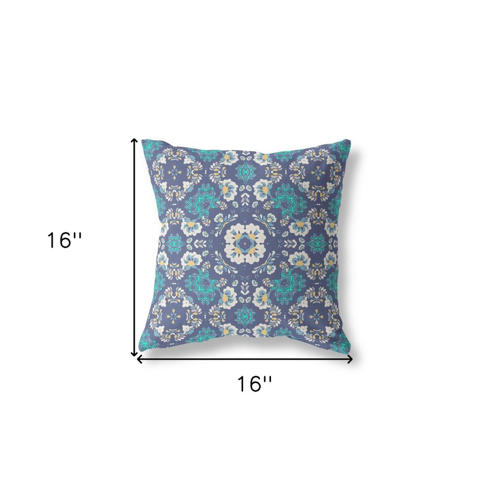 16"x16" Blue Gray And White Zip Indoor Outdoor Floral Throw Pillow. Picture 6