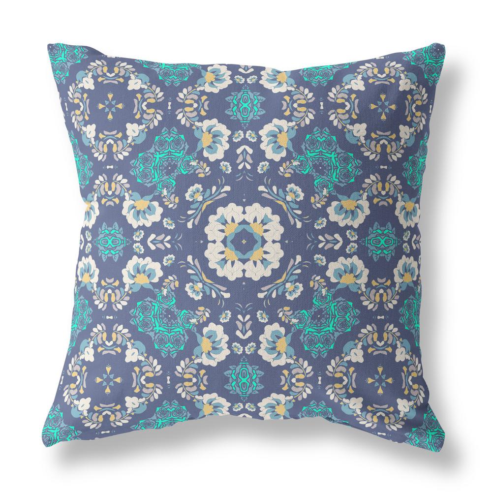 18" X 18" Blue And White Zippered Floral Indoor Outdoor Throw Pillow. Picture 3