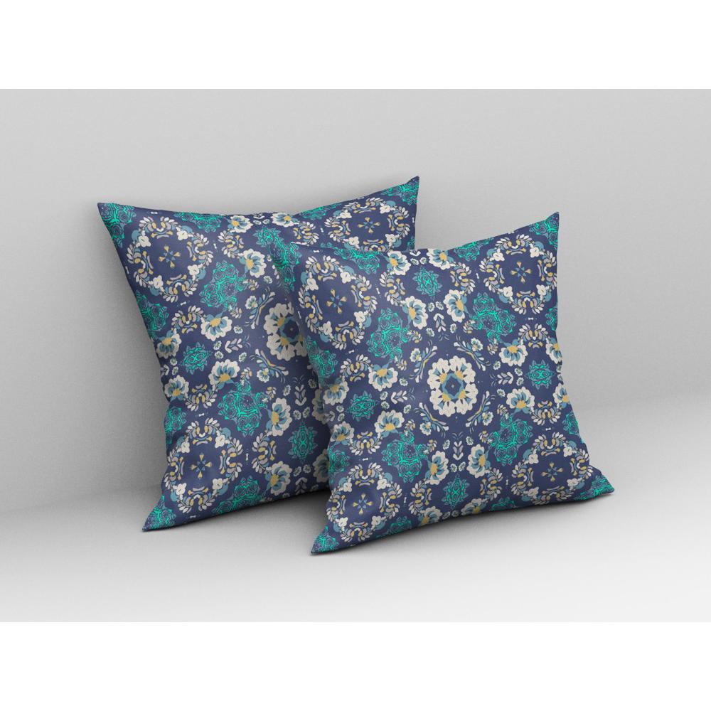 18" X 18" Blue And White Zippered Floral Indoor Outdoor Throw Pillow. Picture 4