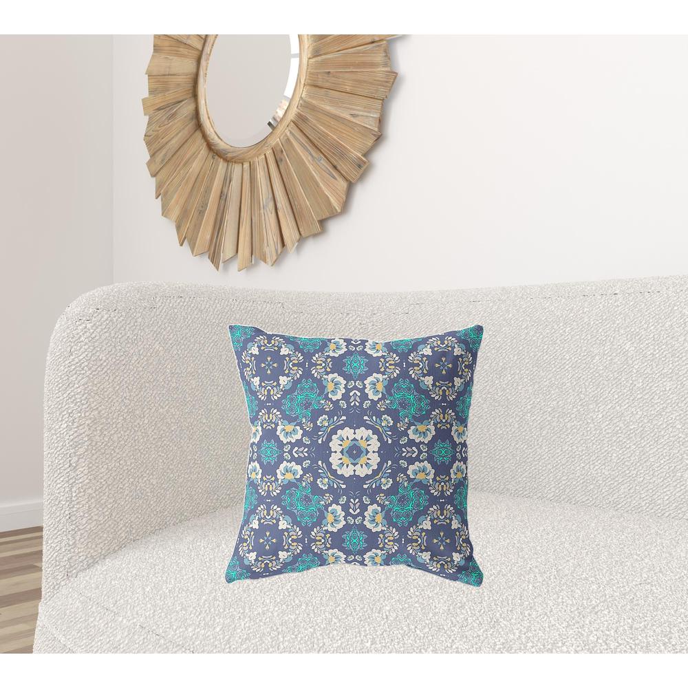 20" X 20" Blue And White Zippered Floral Indoor Outdoor Throw Pillow. Picture 2
