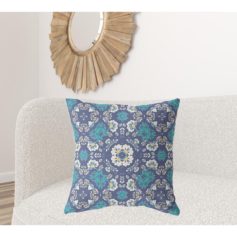 26" X 26" Blue And White Zippered Floral Indoor Outdoor Throw Pillow. Picture 2