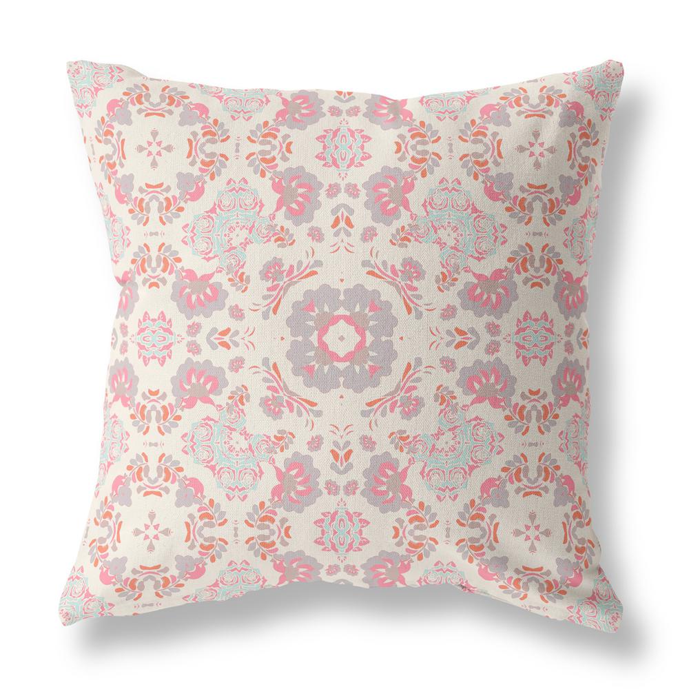 16" X 16" Pink And White Zippered Floral Indoor Outdoor Throw Pillow. Picture 3