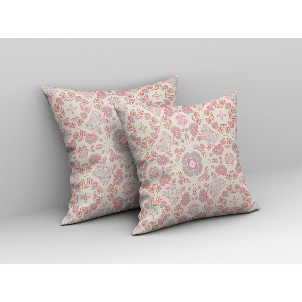 16" X 16" Pink And White Zippered Floral Indoor Outdoor Throw Pillow. Picture 4