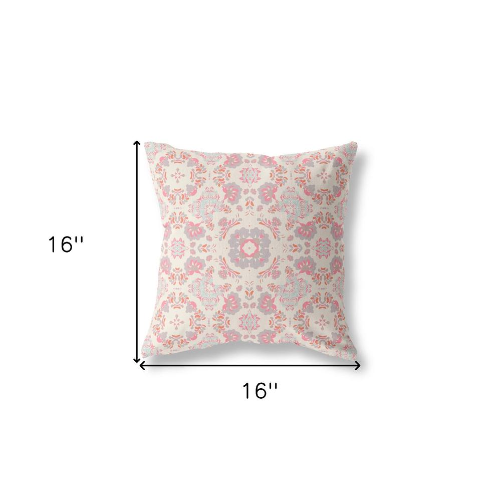 16" X 16" Pink And White Zippered Floral Indoor Outdoor Throw Pillow. Picture 6