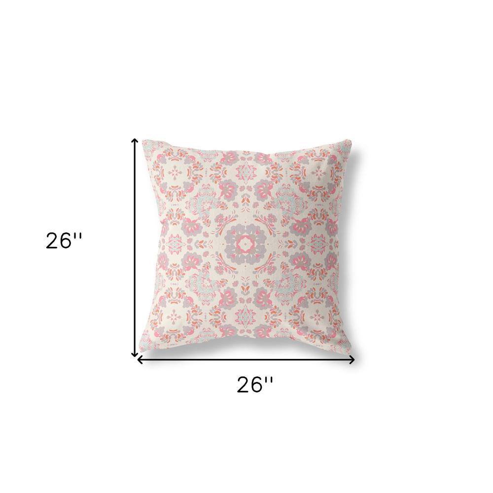 26" X 26" Pink And White Zippered Floral Indoor Outdoor Throw Pillow. Picture 6