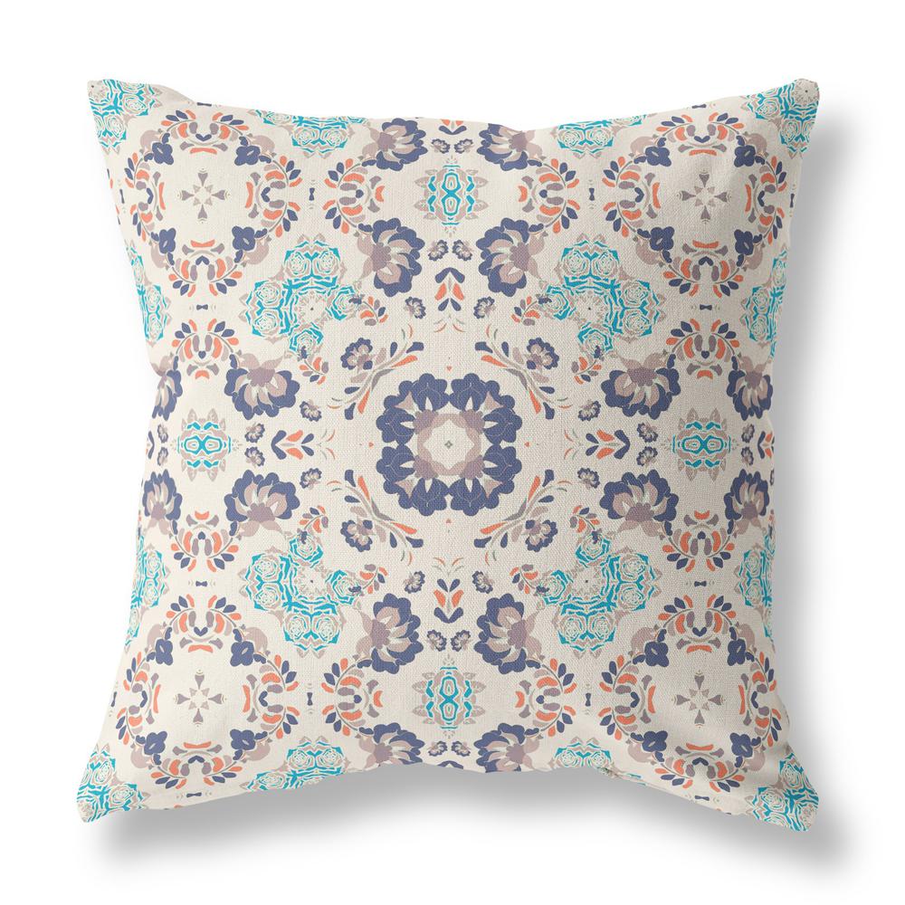 20" X 20" White And Blue Zippered Floral Indoor Outdoor Throw Pillow. Picture 3