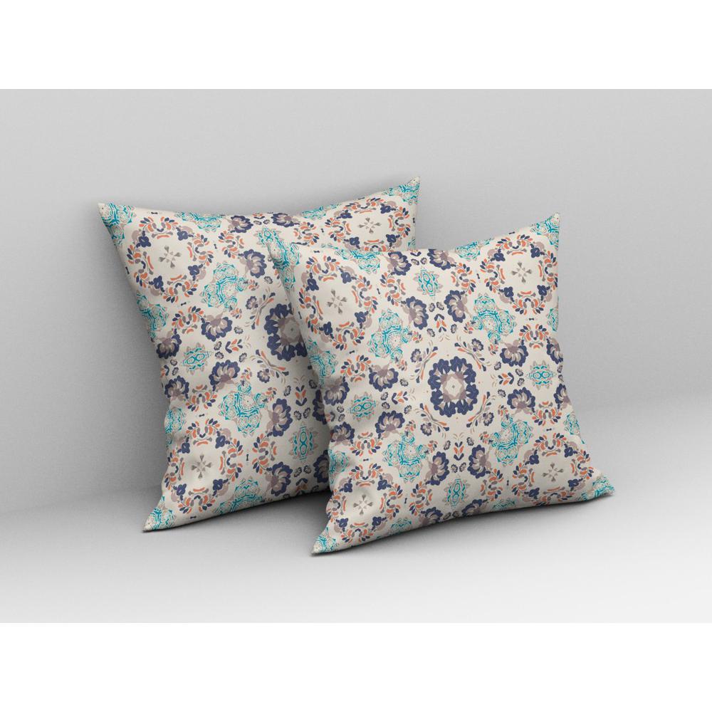 20" X 20" White And Blue Zippered Floral Indoor Outdoor Throw Pillow. Picture 4