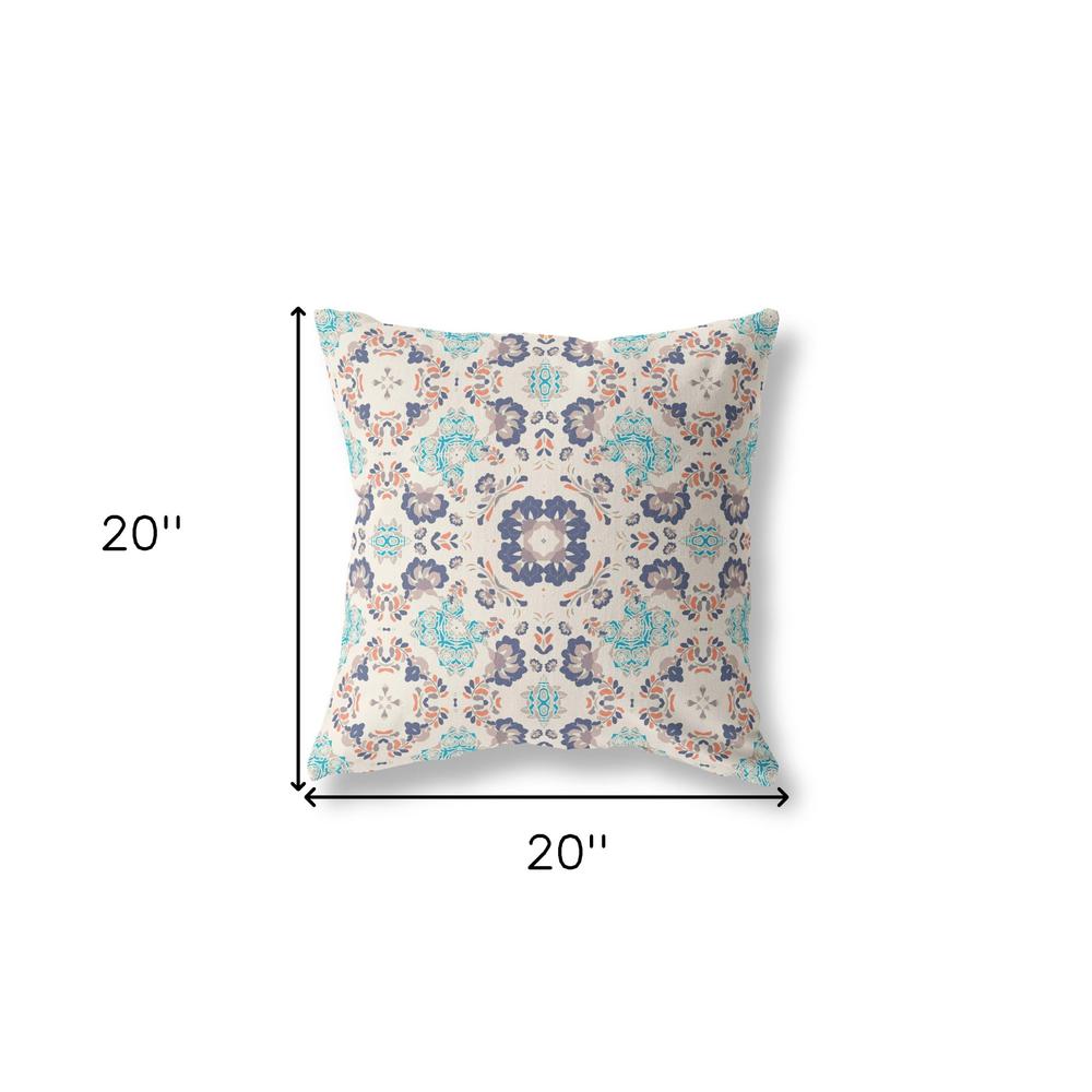 20" X 20" White And Blue Zippered Floral Indoor Outdoor Throw Pillow. Picture 6