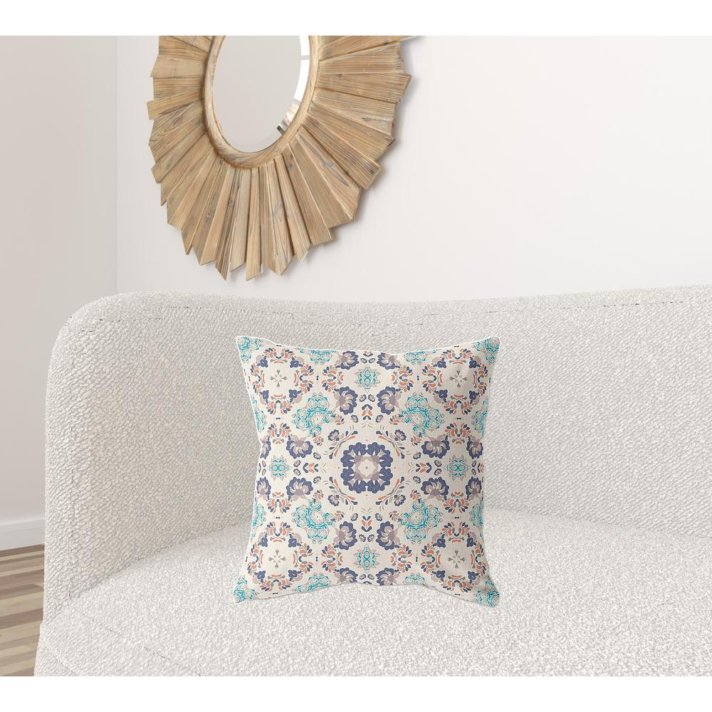 20" X 20" White And Blue Zippered Floral Indoor Outdoor Throw Pillow. Picture 2