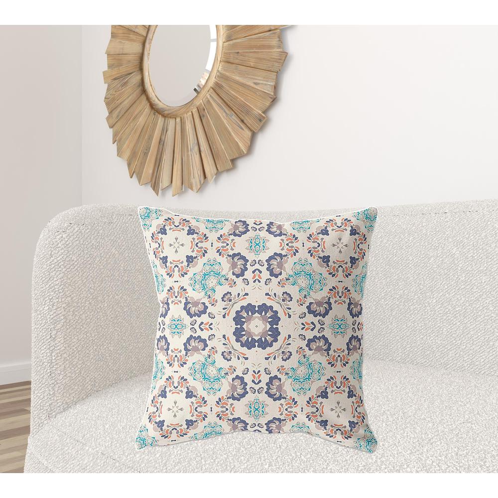26" X 26" White And Blue Zippered Floral Indoor Outdoor Throw Pillow. Picture 2