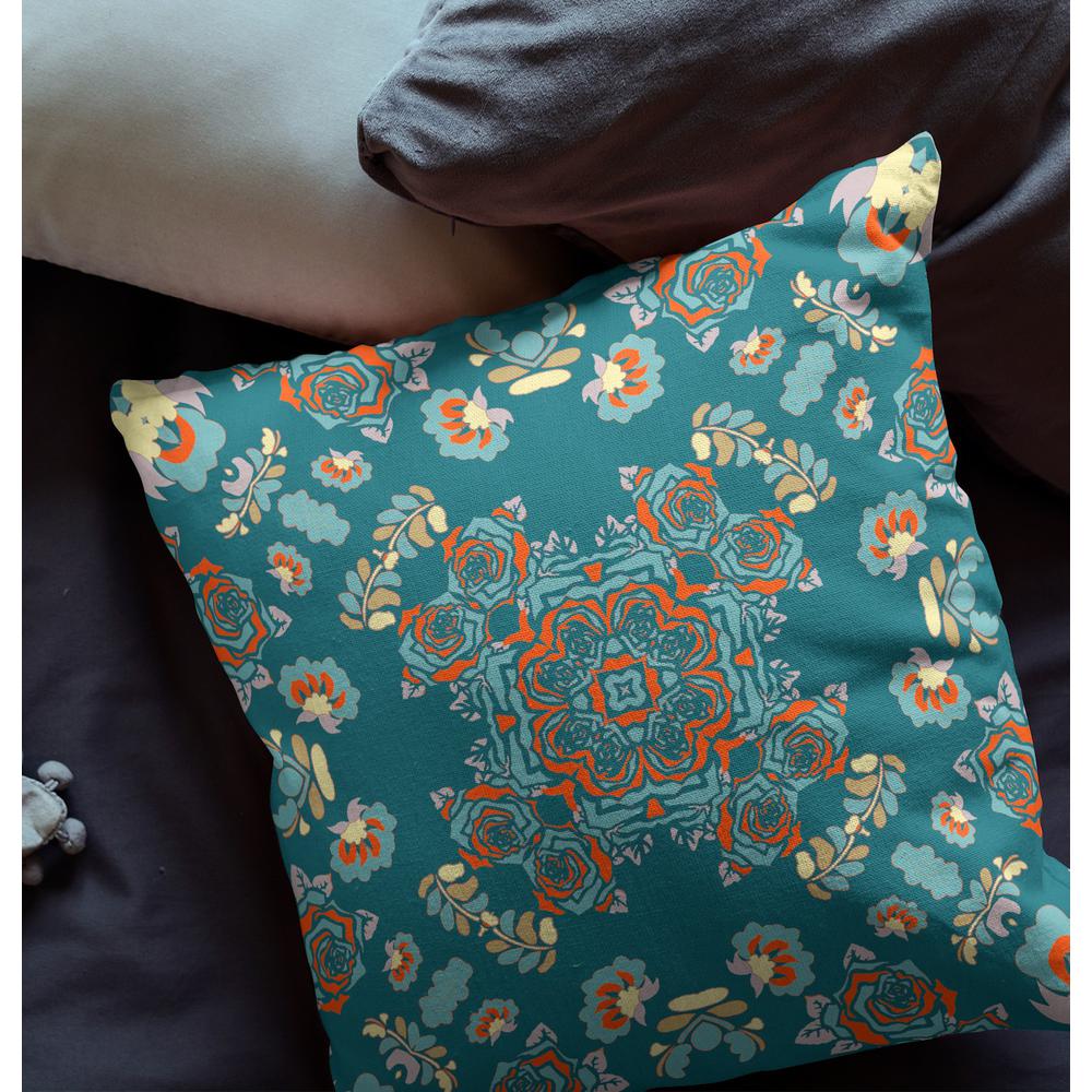 16” Teal Orange Wreath Indoor Outdoor Zippered Throw Pillow. Picture 4