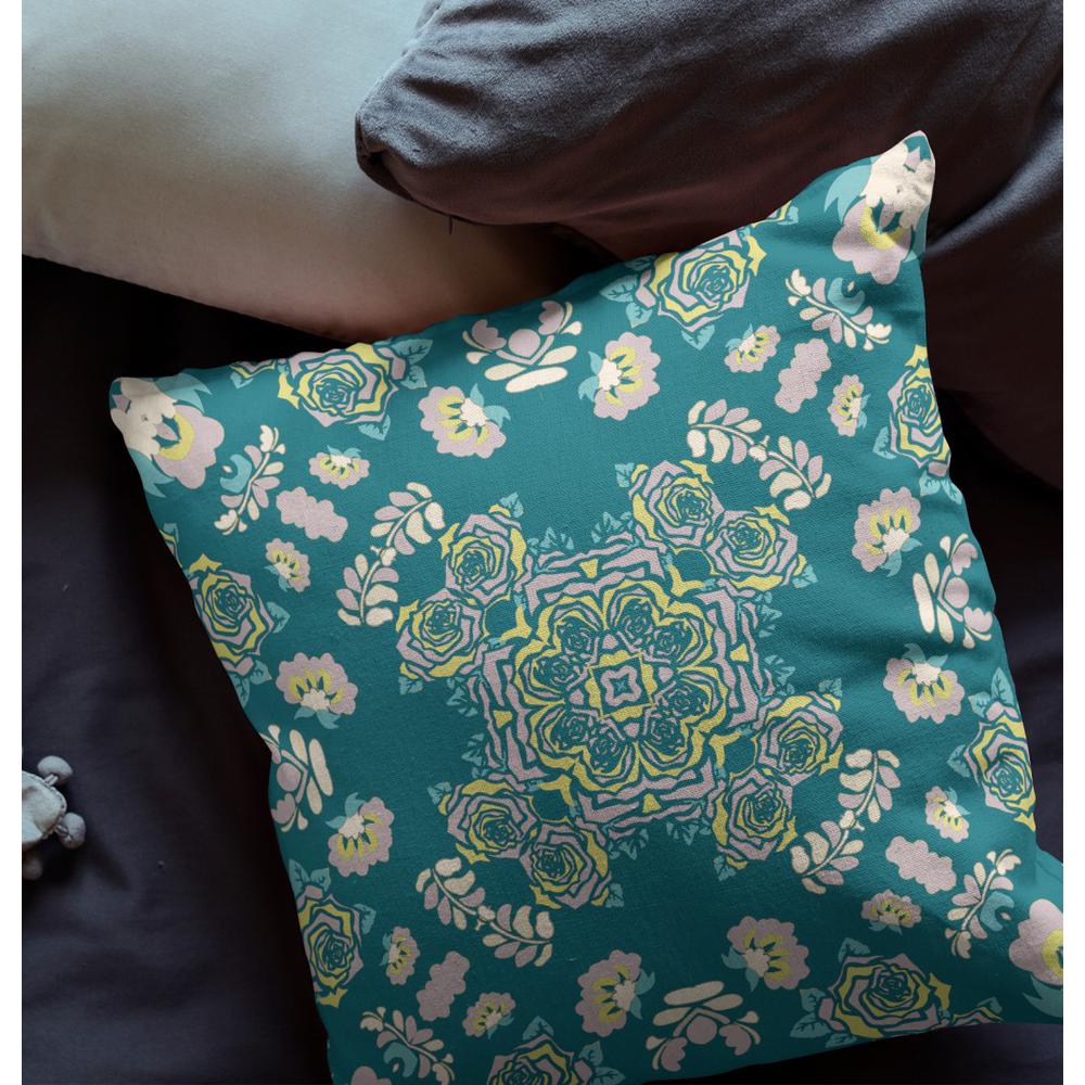 18” Teal Yellow Wreath Indoor Outdoor Zippered Throw Pillow. Picture 4