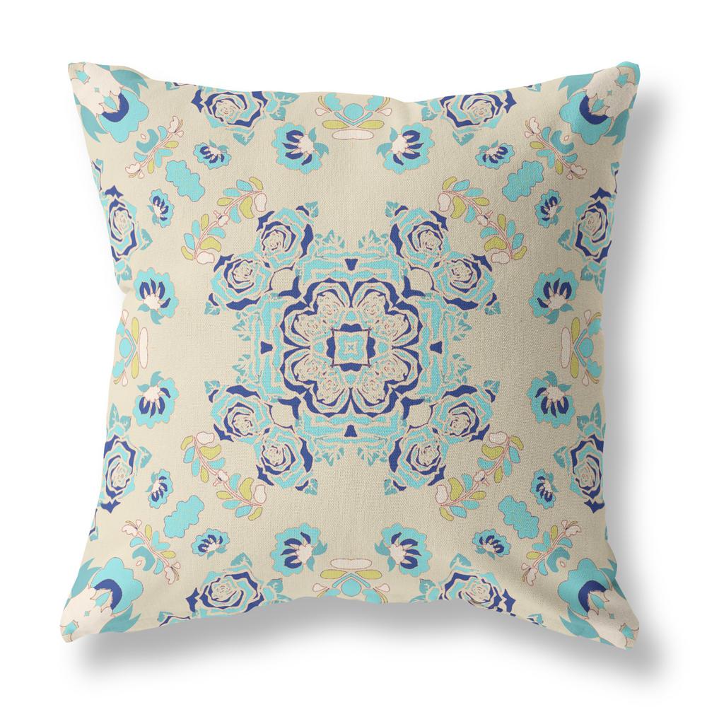 16” Blue Beige Wreath Indoor Outdoor Zippered Throw Pillow. Picture 1