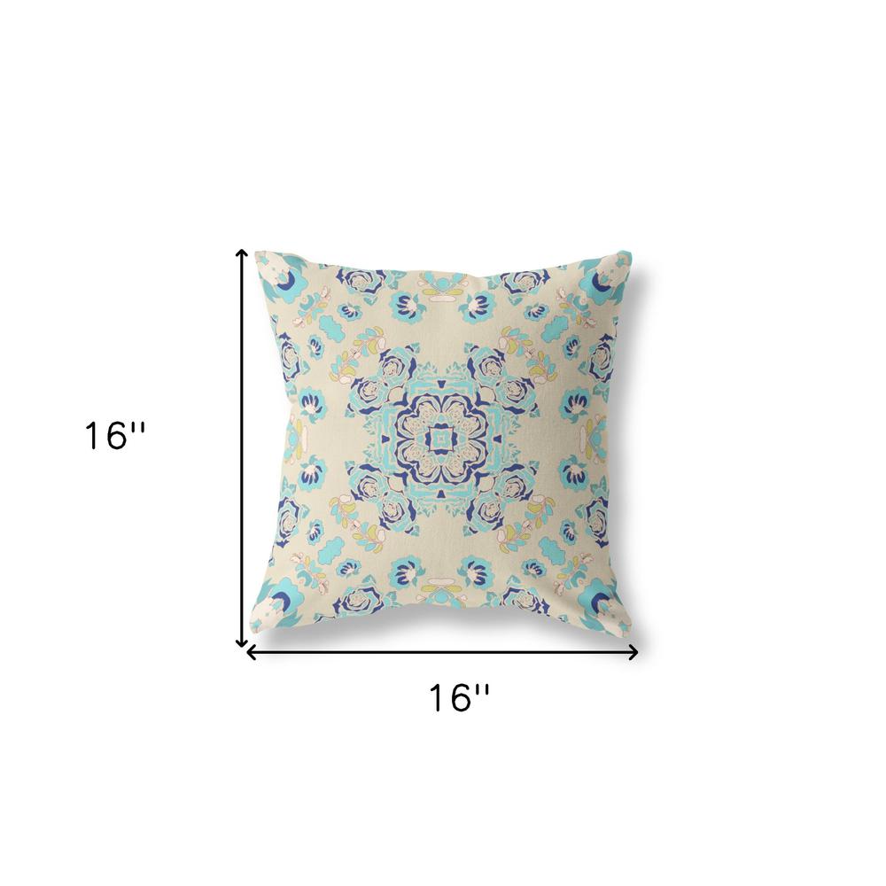 16” Blue Beige Wreath Indoor Outdoor Zippered Throw Pillow. Picture 5
