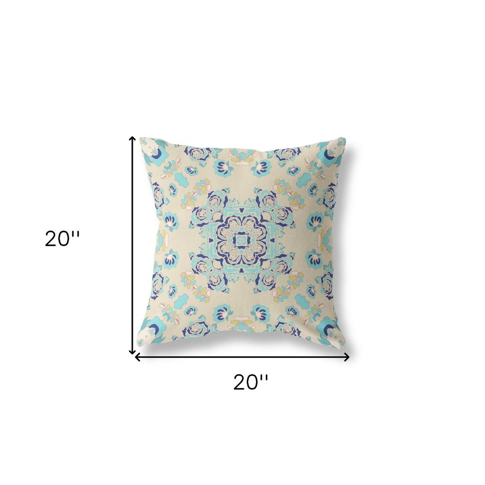 20” Blue Beige Wreath Indoor Outdoor Zippered Throw Pillow. Picture 5