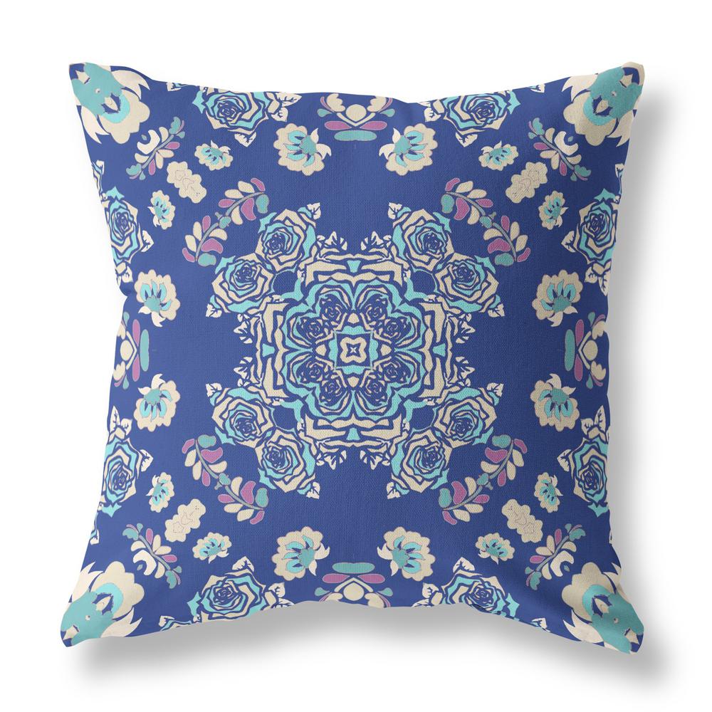 18” Blue Cream Wreath Indoor Outdoor Zippered Throw Pillow. Picture 1