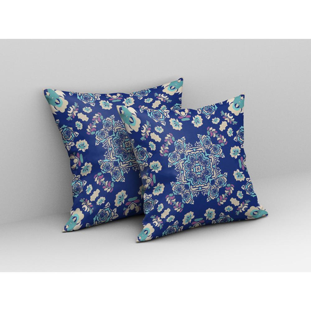 18” Blue Cream Wreath Indoor Outdoor Zippered Throw Pillow. Picture 3