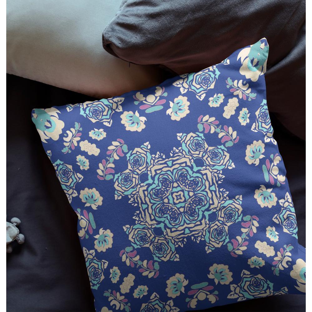 18” Blue Cream Wreath Indoor Outdoor Zippered Throw Pillow. Picture 4