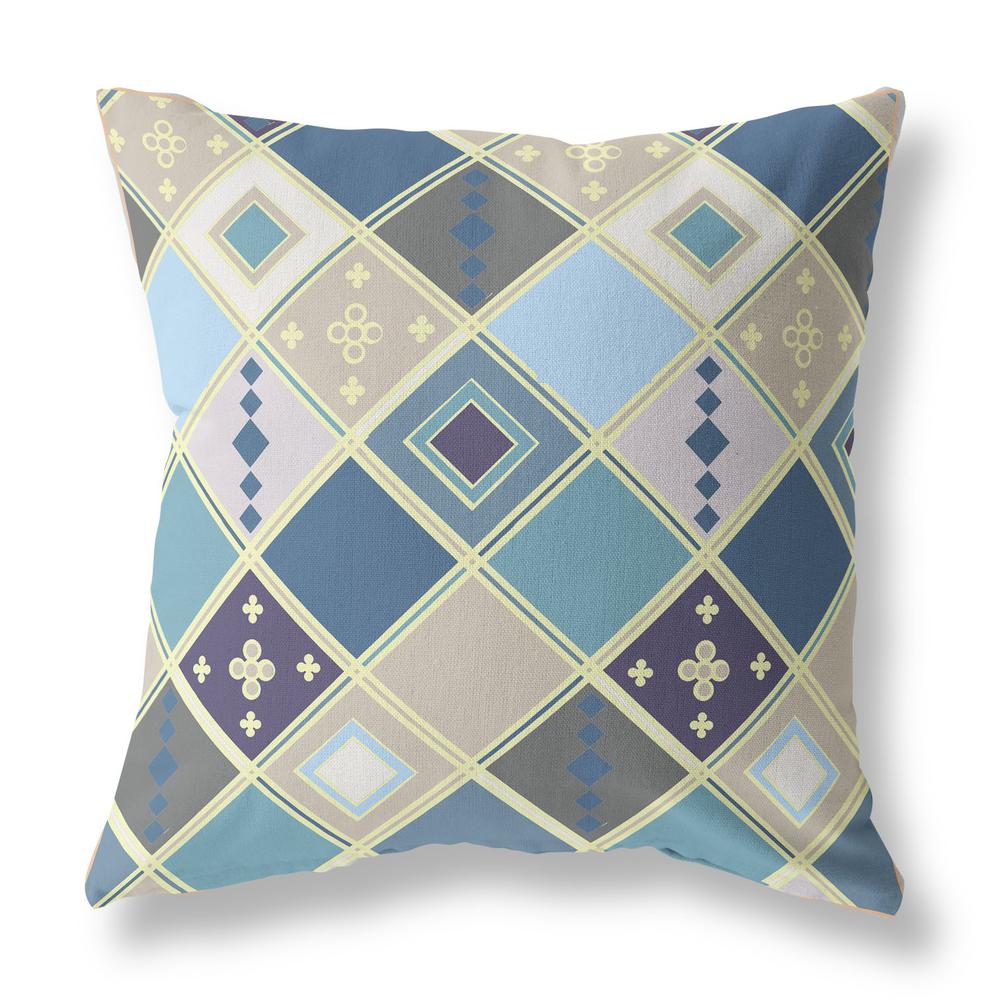 16” Blue Gold Tile Indoor Outdoor Zippered Throw Pillow. Picture 1