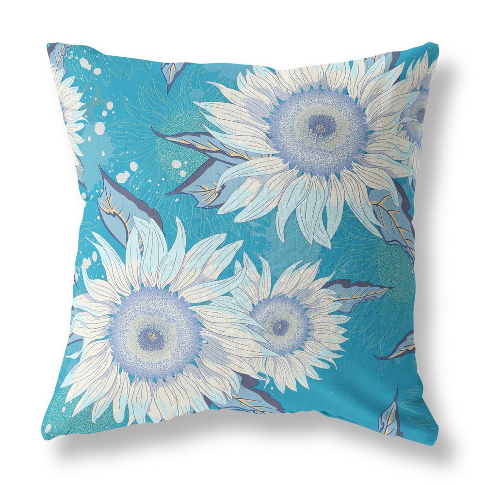 16" Aqua White Sunflower Indoor Outdoor Zippered Throw Pillow. Picture 1