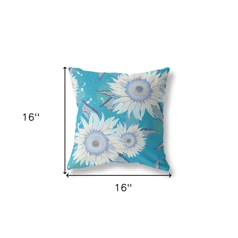 16" Aqua White Sunflower Indoor Outdoor Zippered Throw Pillow. Picture 4
