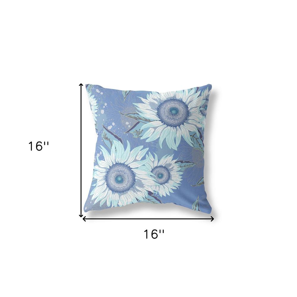 16" Blue White Sunflower Indoor Outdoor Zippered Throw Pillow. Picture 4