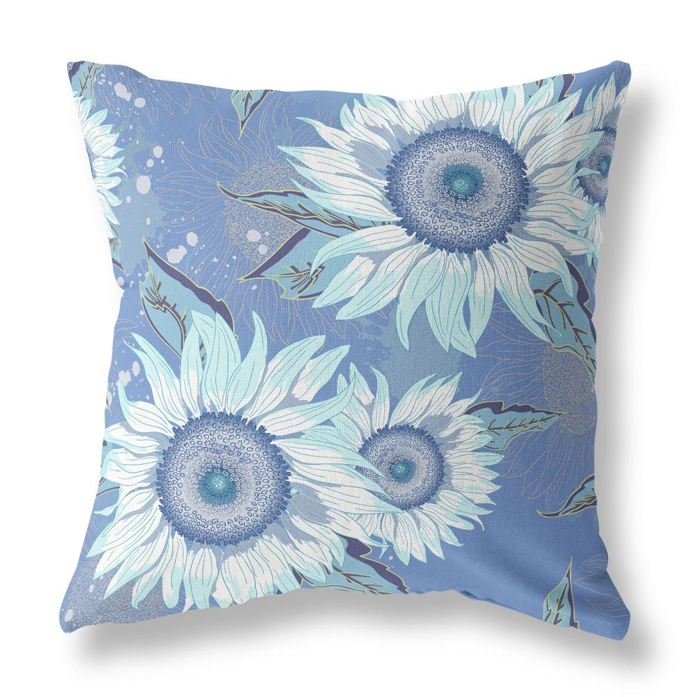 18" Blue White Sunflower Indoor Outdoor Zippered Throw Pillow. Picture 1