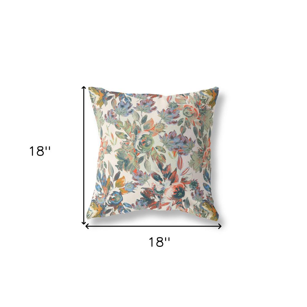 18” Green Beige Florals Indoor Outdoor Zippered Throw Pillow. Picture 4