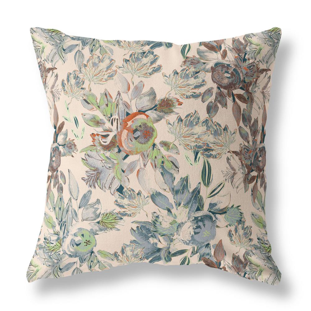 16” Green Brown Florals Indoor Outdoor Zippered Throw Pillow. Picture 1