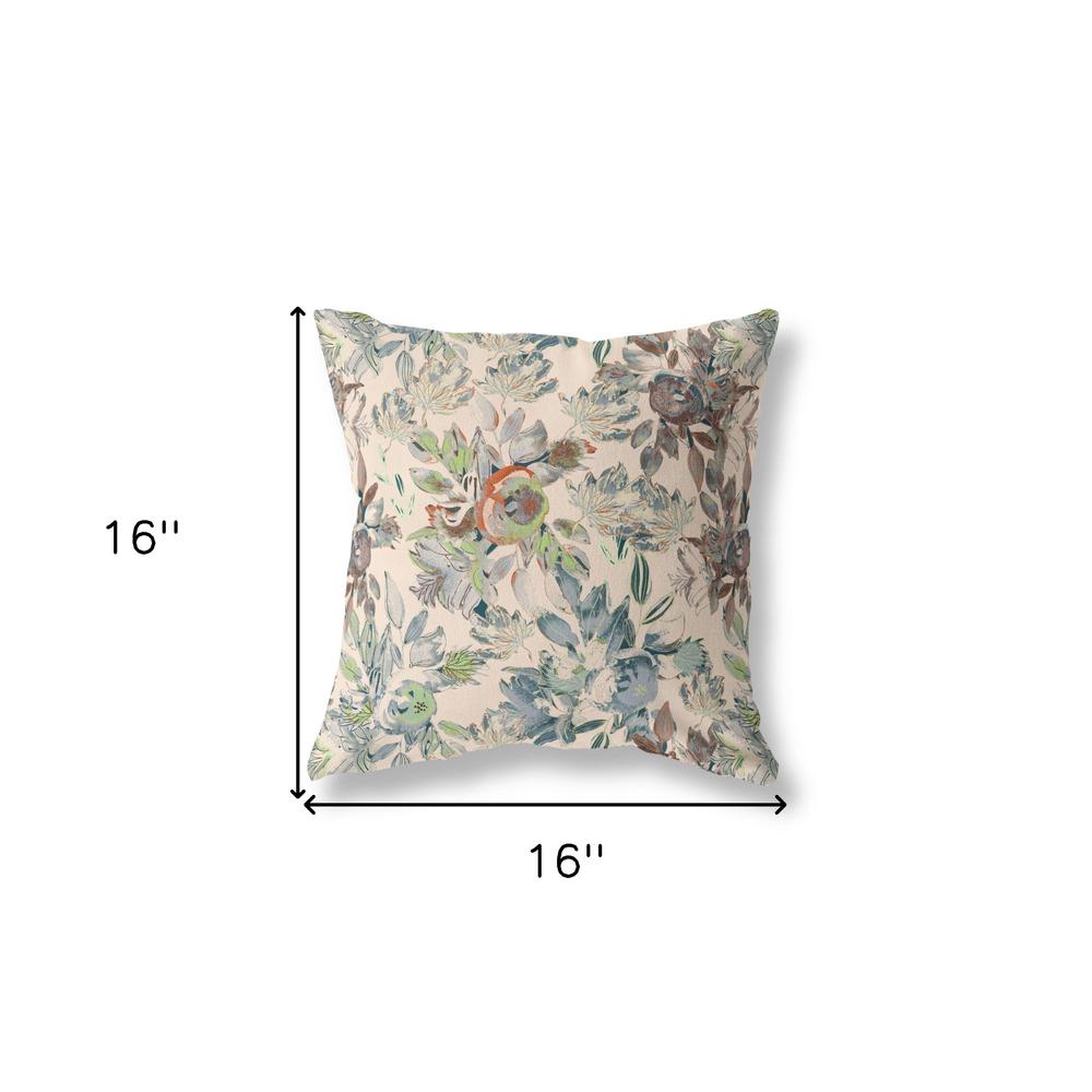 16” Green Brown Florals Indoor Outdoor Zippered Throw Pillow. Picture 4